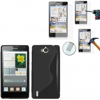Huawei Ascend G740% 2F naranja Yumo: Carcasa de silicona y protector de pantalla, diseño de onda, color negro incluye protector de pantalla de vidrio templado
