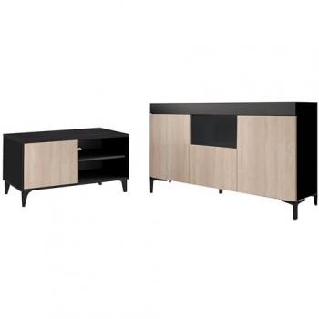 Aparador Mueble de televisión Mueble de Salón 2 Puertas 130x70x32,5cm Modelo Kai Color Negro y Sonoma Acabado Mate Estante extraíble