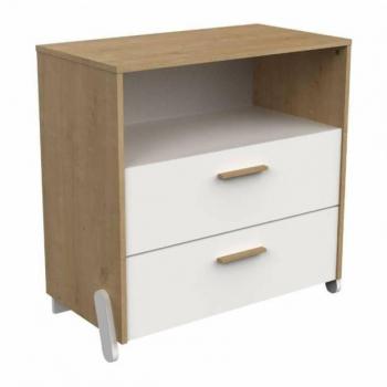 Cómoda Juvenil Infantil Naili 2 Cajones en Roble Hamilton y Blanco Mate, dimensiones 73x74 cm