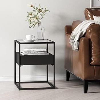 Mesa Auxiliar Vissenbjerg con Cajón y Superficie de Cristal Templado - 51 x 40 x 40 cm - Negro Mate