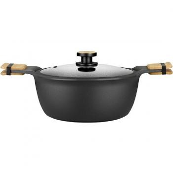 Bra Cacerola Alta Market 24 cm Aluminio Fundido con Tapa de Cristal y Pomo de Madera de Haya