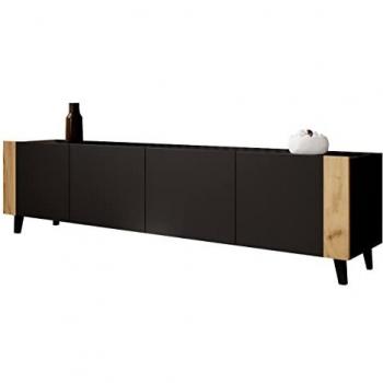 Mueble TV Charlotte 184, Negro y Craft Roble, 4 Puertas, Cierre Silencioso, 201x53x42cm
