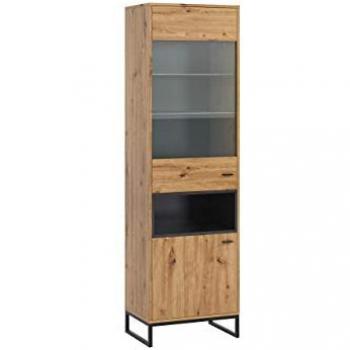 Vitrina Industrial Providence 142, Roble Artisan + Negro, Con Puertas (2), 202x60x40cm, con LED