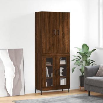 Aparador alto de madera contrachapada marrón roble 69,5x34x180 cm con 2 puertas de cristal, mueble de almacenaje para salón, buffet y armario auxiliar