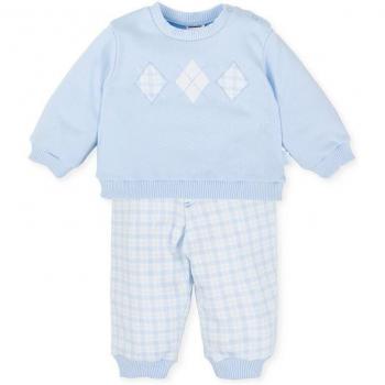 Conjunto de bebé niño de dos piezas en azul cielo con pantalón a cuadros