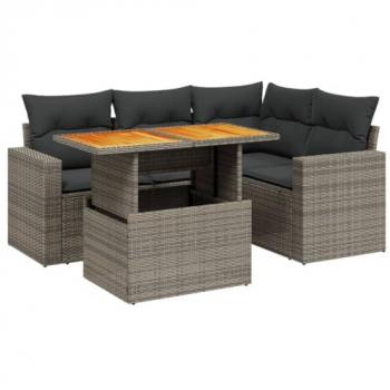 5-Piece Grey Poly Rattan Garden Sofa Set with Cushions