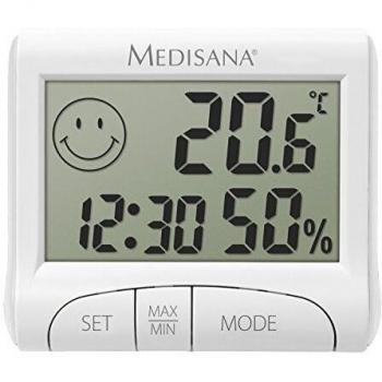 Medisana HG 100 Higrómetro digital para interiores, termómetro con humedad, temperatura ambiente, tiempo, visualización de la humidificación interior
