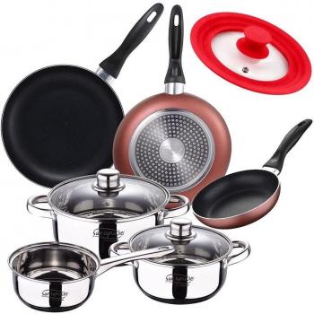 San Ignacio Batería de Cocina 5 Piezas Acero Inoxidable con Tapas de Vidrio Resistente