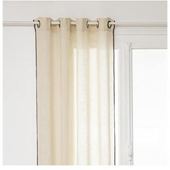 Cortina de Lino Beige 130x260 cm con Ojal y Sobrehilado Negro