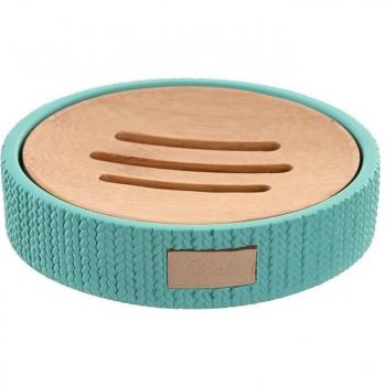 Jabonera de cemento verde menta con bambú 11 x 11 x 2,5 cm