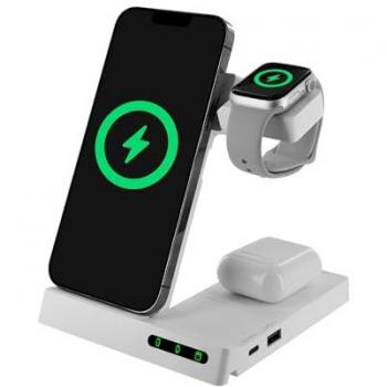 Muvit For Change Base Cargadora Inalambrica 6 en 1 Plegable para Smartwatch, iWatch y Airpods con Dos Puertos USB A y C Blanca