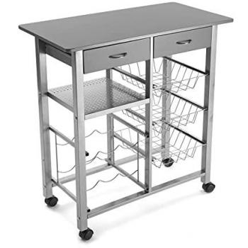Carro de cocina Versa Leicester con ruedas, 2 cajones, botellero, verdulero con despensa y organizadores, medidas 82 x 40 x 76 cm, material madera y metal, color gris