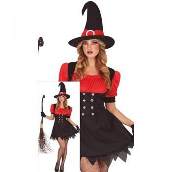 Disfraz de Bruja Sexy Roja y Negra para Mujer - Incluye Sombrero y Vestido Talla S