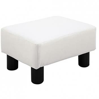 Reposapiés Otomano Pequeño Tapizado en Piel Sintética con Asiento Acolchado y Patas de Plástico 40x30x24 cm Blanco