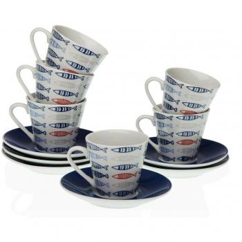Juego de Tazas con Platos Versa Café Peces Porcelana (12 Piezas)