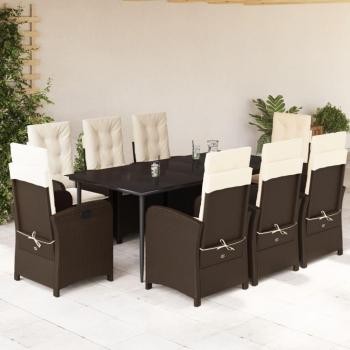 9-Piece Brown Poly Rattan Garden Dining Set with Cushions