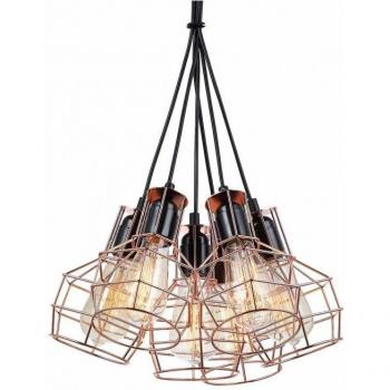 Lámpara colgante industrial y retro Perifo Negra y Cobre 6 luces con pantalla de alambre, E27