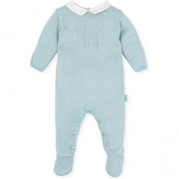 Pelele tricot de bebé niño verde mar con abertura trasera y entrepierna con botones y diseño de perrito a tono