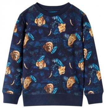Sudadera infantil azul marino con estampado de león y planta, talla 116