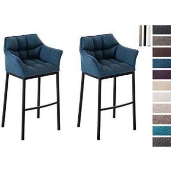 Set de 2 taburetes de bar Damaso en tela azul y negro con base de 4 patas y respaldo