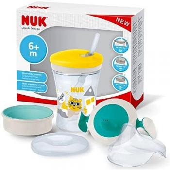 NUK Learn to Drink Set with Trainer Cup Learner Cup (6M+) | Magic Cup 360° Sippy Cup (8M+) & Action Cup Toddler Cup (12M+) | 230ml | BPA-Free | Yellow Cat,10255638