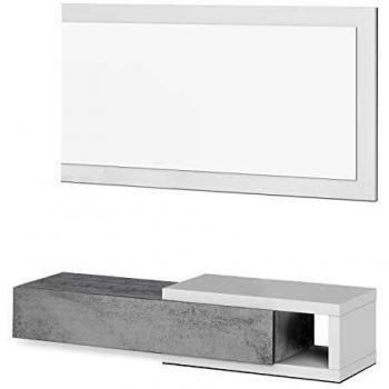 Recibidor con cajón y Espejo, Mueble de Entrada, Modelo Noon, Acabado en Blanco Artik y Gris Cemento, Medidas: 95 cm
