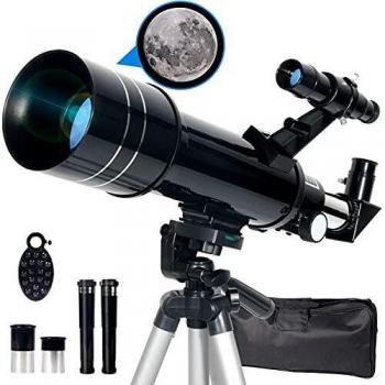 Upchase Telescopio Astronomico, Portátil y Potente Refractor Telescopio, Negro 400/70mm Zoom HD, Ajustable Trípode, Apto Adultos, Niños y Principiantes, Observer la Luna, Aves, Regalo para Niños