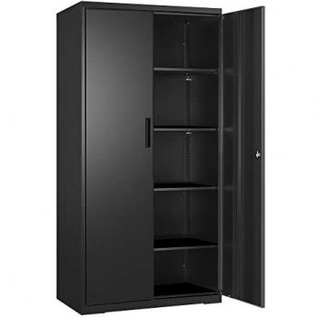 SONGMICS Armario de Almacenamiento de Acero, Armario Multiuso, con 5 Baldas Ajustables, Puertas Dobles con Cerradura, Ideal para Garaje, Estudio y Oficina, Color Negro OMC015B
