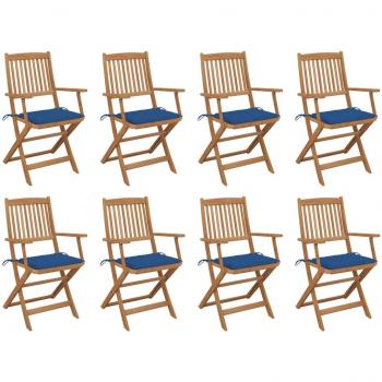 Set de 8 sillas de jardín plegables con cojines de madera maciza de acacia en color azul