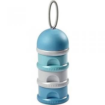 BÉABA Recipiente dosificador de leche en polvo, Dispensador de Leche Bebé, Apilable, 3 Compartimentos, 100% Hermética, Uso evolutivo como caja de snacks, Azul/Verde/Gris