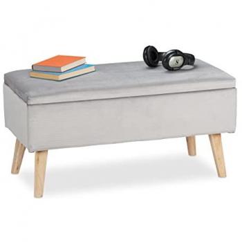 Baúl Almacenamiento Terciopelo Acolchado 40L con Patas de Madera, Asiento y Dimensiones 41x80x40 cm, Gris Claro