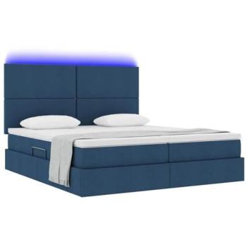Cama con Tiras LED y Almacenamiento Azul 200 x 200 cm Tela, Muebles Modernos para el Dormitorio