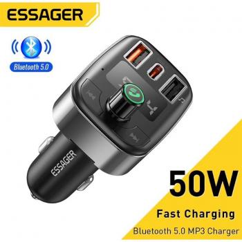 Cargador de Auto 50W USB con Transmisor FM Bluetooth 5.0, Kit Manos Libres y Reproductor MP3, Carga Rápida, Color Negro