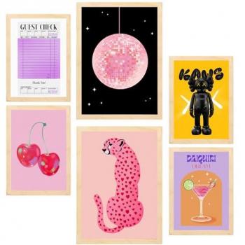 Set de 6 Pósters de Arte Moderno Kaws para Decorar Paredes del Hogar, Tamaños A3 y A4, Sin Marco o con Marco de Madera Clara
