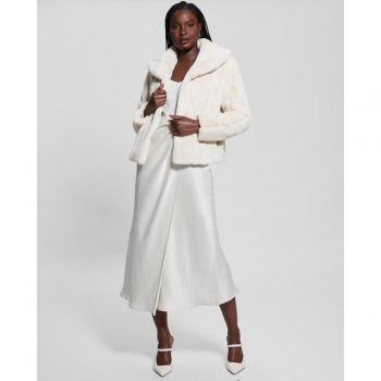 Guess Women's New Sophy Beige Faux Fur Jacket Regular Fit XL