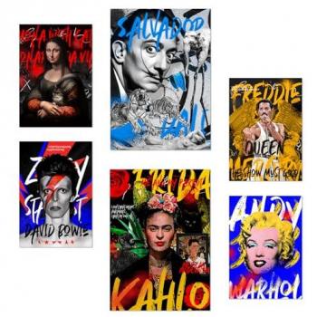 Set de 6 Pósters Iconicos de Grafiti Pop Frida, Dali, Mercury, Bowie y Marilyn para Decorar Paredes - Tamaños A3 y A4 Sin Marco