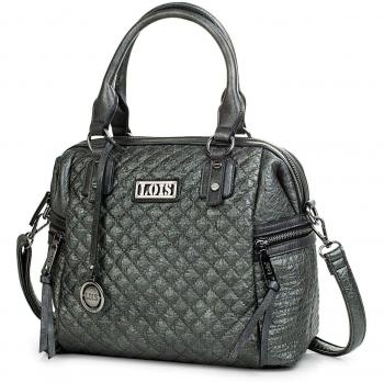 Lois - 94831 Bolso de Mujer Tipo Bowling con Bandolera Ajustable Doble asa con Cremallera. Bolsillo detrás con Cremallera. Piel sintética Polipiel, Color Gris Metalizado