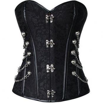 Charmian Women's Steampunk Gothic Spiral Steel Boned Brocade Waist Cincher Overbust corsé with Chains Black Small