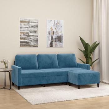 Sofá de 3 plazas con taburete de terciopelo azul 180 cm, incluye respaldo y reposabrazos, diseño cómodo para descanso y relajación en salón