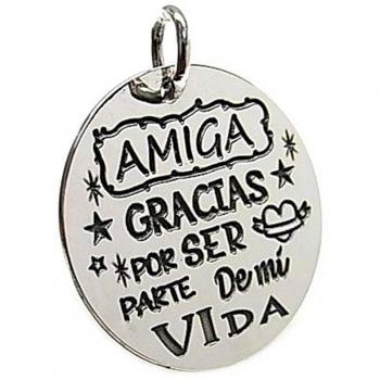 Colgante de Plata Ley 925m con Chapa Redonda y Mensaje Personalizado Amiga [AB5391GR]