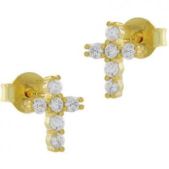 Pendientes cruz Mini de plata bañada en oro con circonitas blancas