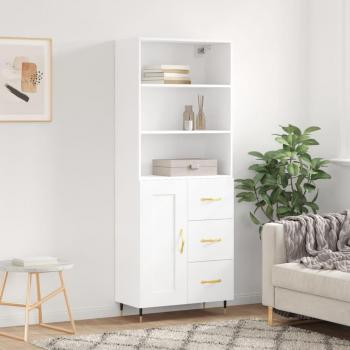 Aparador alto de madera contrachapada blanco 69,5x34x180 cm con 1 puerta de madera y 3 cajones, mueble de almacenaje para salón, buffet y armario auxiliar