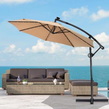 10-Foot Beige Solar LED Cantilever Patio Umbrella with 360-Degree Rotation