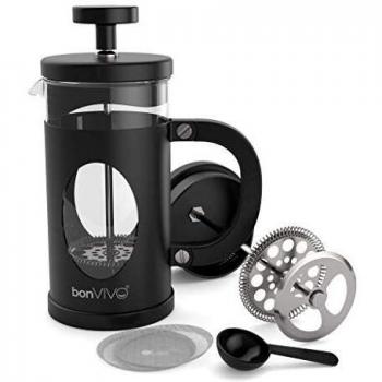 BonVIVO GAZETARO I Cafetera Francesa, 350ml - French Press de Vidrio y Acero Inoxidable - Prensa Francesa de Émbolo Manual sin Filtros para Café, Cebada y Infusiones