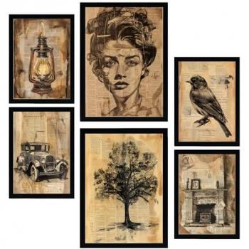 Set de 6 Pósters Vintage Secretos de Vida para Decoración - Diseño Ilustrado Mujer, Ave, Coche y Hogar - Tamaños A3 y A4 Sin Marco