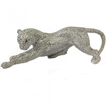 LEOPARD panthère strass neuf STATUE 41cm ARGENTE en polyrésine brillante