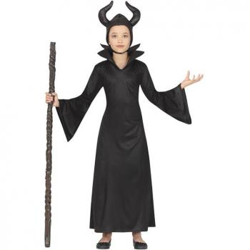 Disfraz de Hada Malvada para niña - incluye vestido negro con detalles morados, capa, diadema con cuernos y varita mágica, disponible en tallas S, M y L
