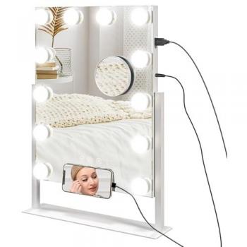Espejo de Maquillaje HOMCOM Hollywood con Luz, 58x46 cm, Giratorio, Bombillas LED, Modos de Iluminación Ajustables, Interruptor Táctil, Soporte para Teléfono y Puerto USB