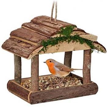 Relaxdays Comedero para pájaros de Madera, para Colgar, 19 x 22 x 16,5 cm, para jardín, comedero para pájaros pequeños, Color Natural