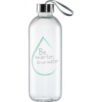 Botella de vidrio isotérmica de 1L con mensaje Sé más inteligente, bebe agua y cierre hermético, transparente